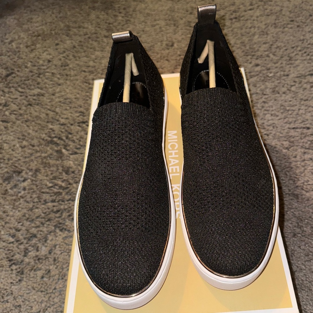 Michael Michael Kors Skyler Slip On Metallic Knit Womens Gunmetal/Black 9